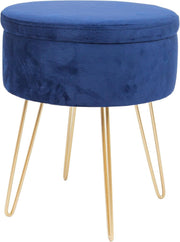 Blue Velvet Round Footstool with Storage & Gold Legs – Modern Vanity Seat