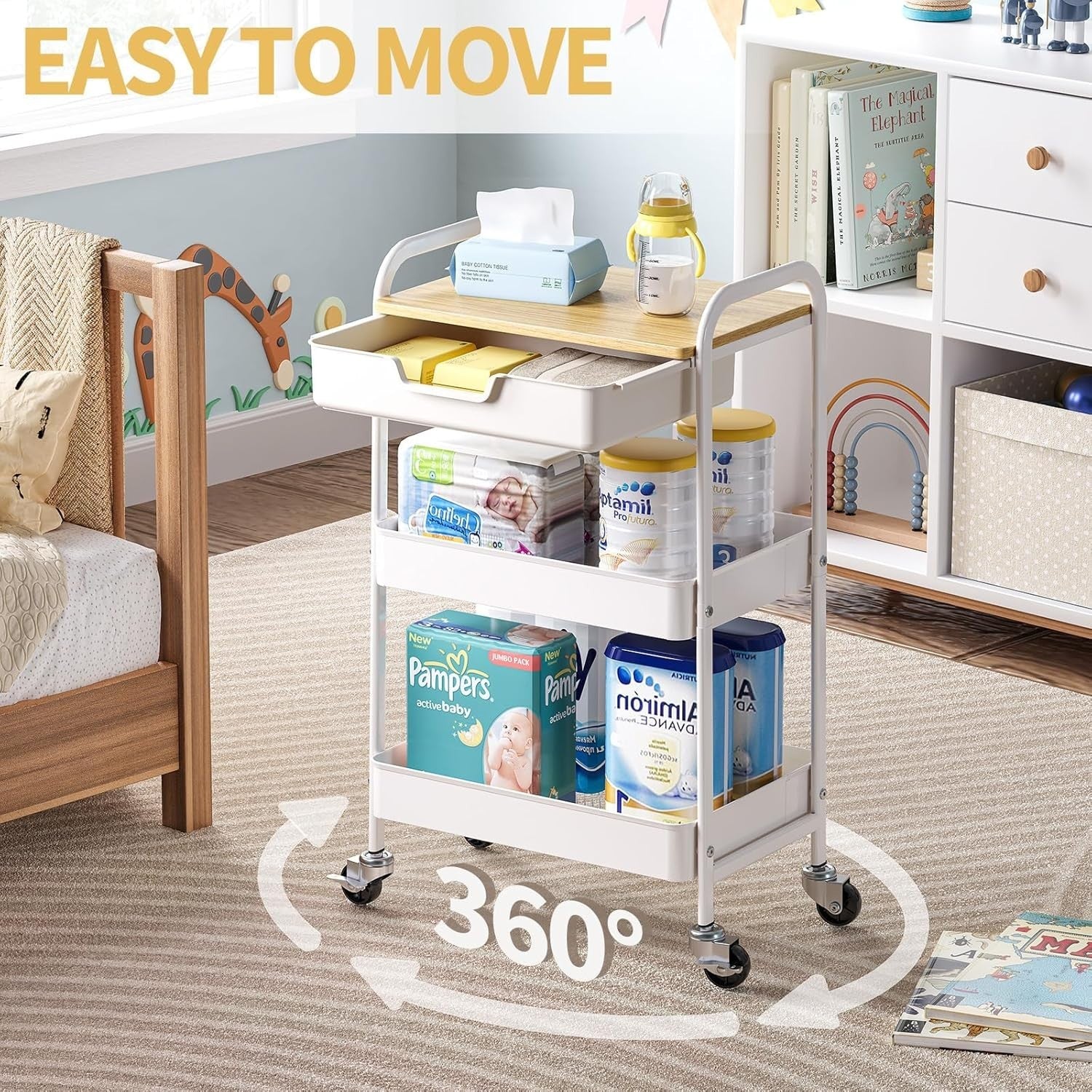 3 Tier Rolling Storage Trolley Cart Wooden Top Drawer Utility Organiser