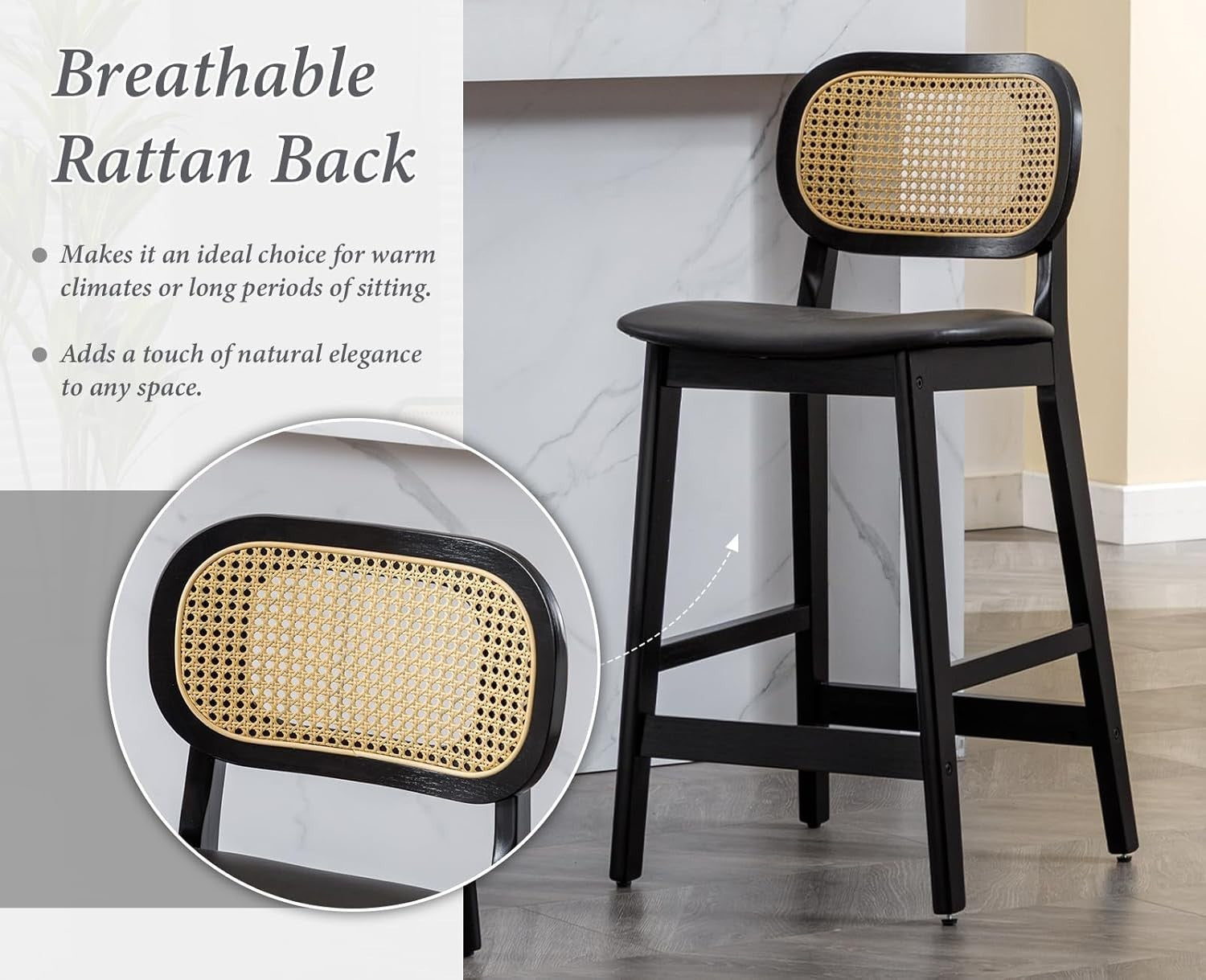 Rattan Bar Stools Set of 2 Counter Height Black Wooden Kitchen Island Chairs