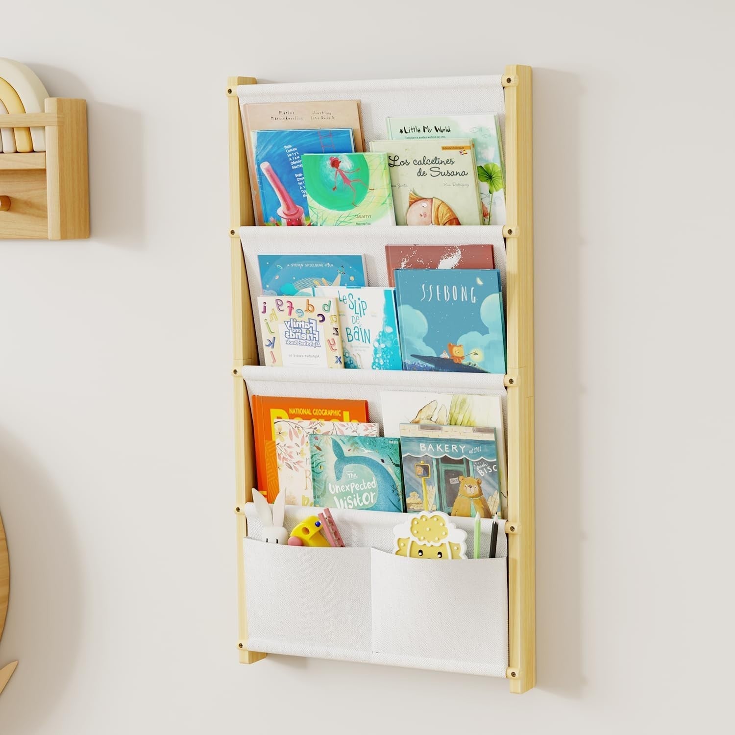 4-Tier Wall Mounted Kids Bookshelf Floating Wooden Book Shelf Organizer
