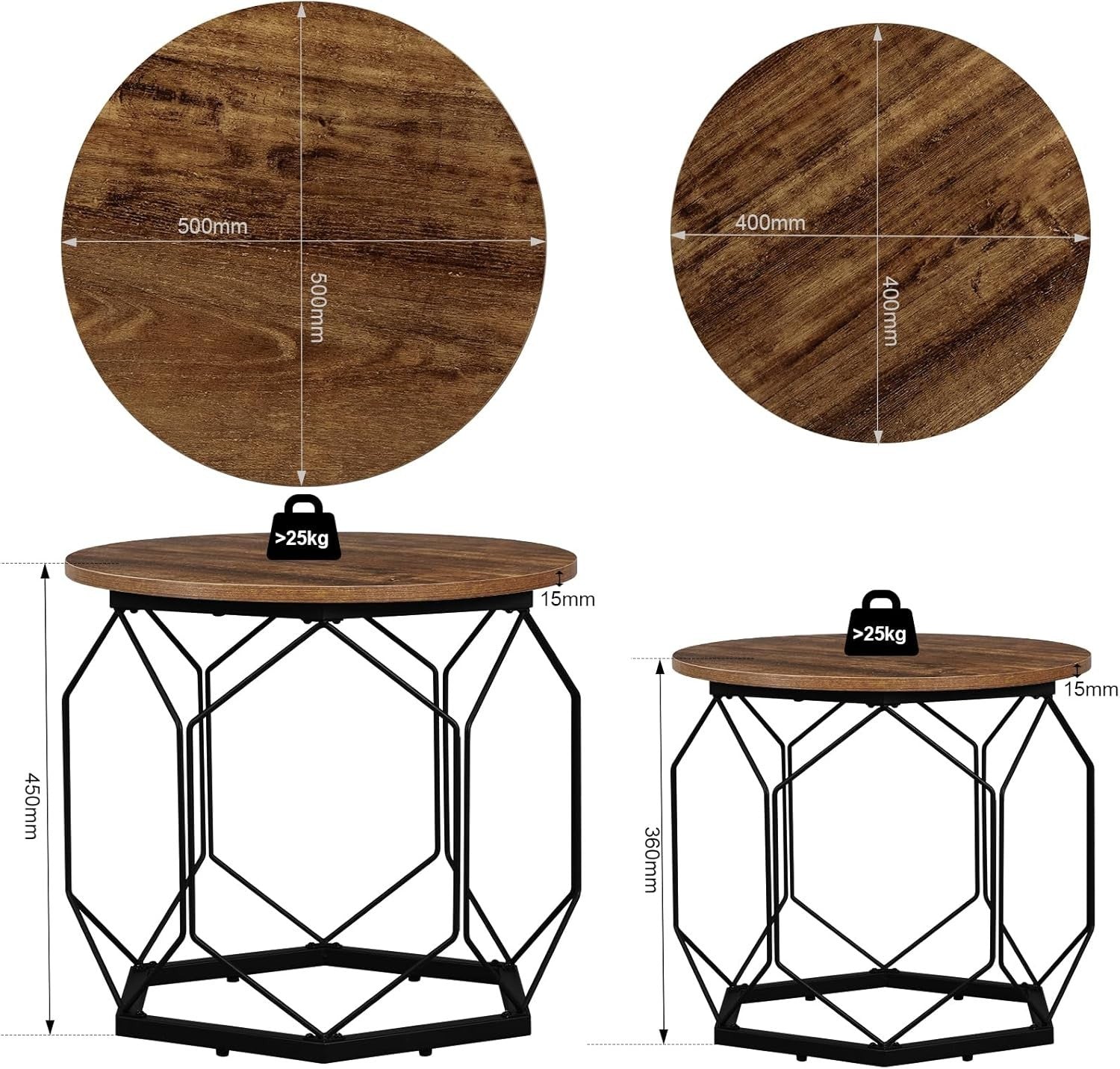 Set of 2 Round Coffee Tables with Storage Shelves, Sturdy Metal Frame