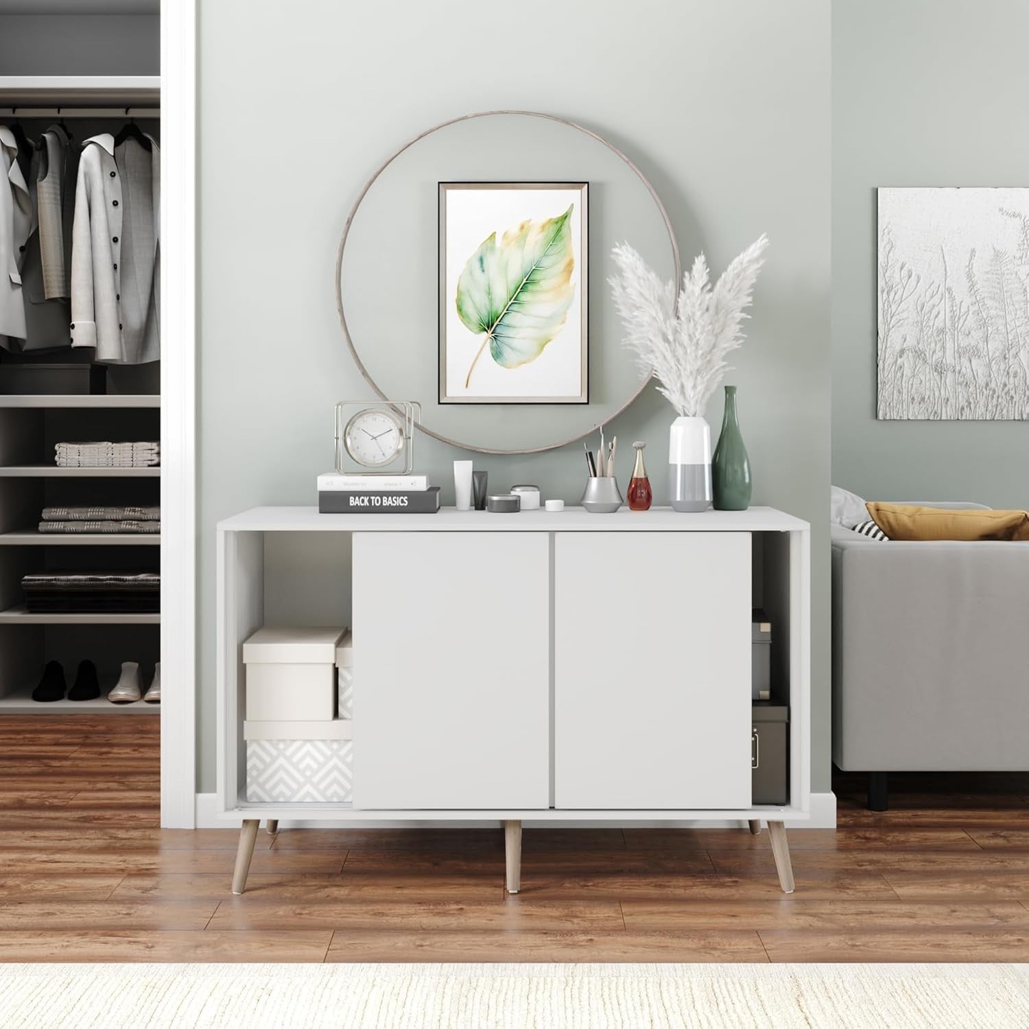 White Sideboard Cabinet 3 Door Storage Beech Legs Modern Sliding Unit