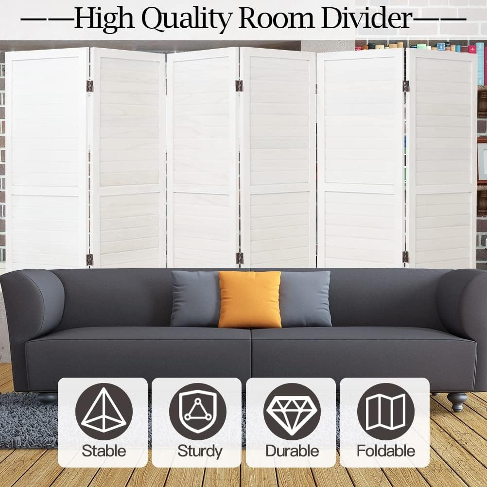 White 6 Panel Wooden Folding Room Divider Privacy Screen 240x170cm Home Office