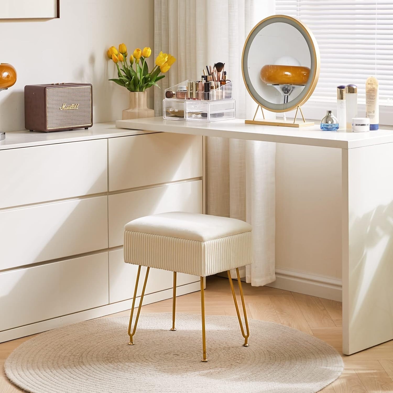 Beige Velvet Storage Ottoman Stool Square Bench Dressing Table Seat