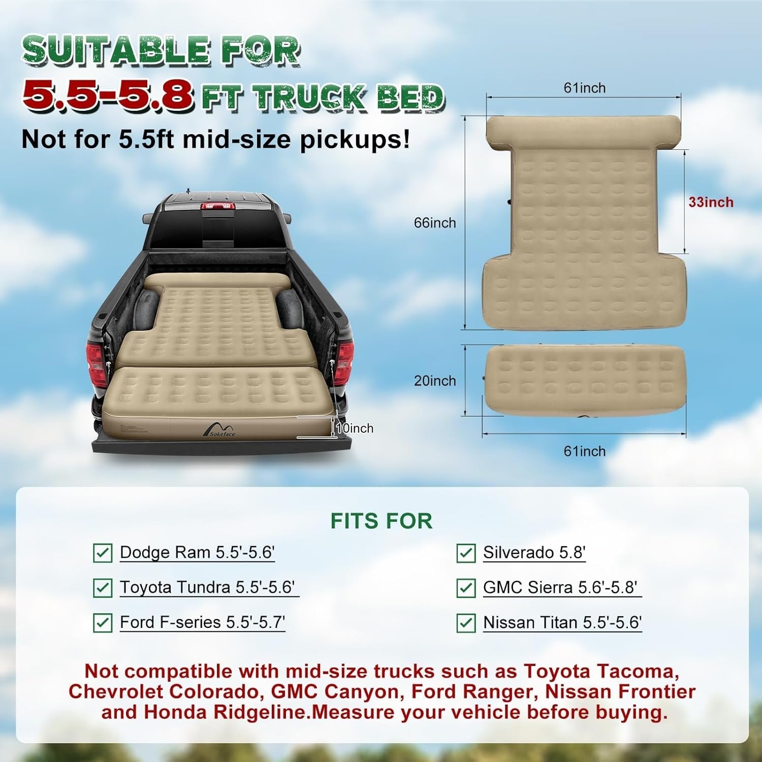 Truck Bed Air Mattress 5.5-5.8ft | Inflatable, Wireless Pump, Portable Camping