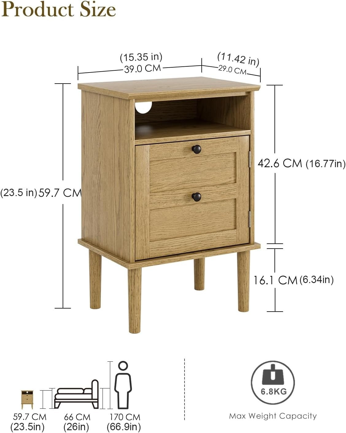 Light Oak Wooden Bedside Table with Door & Open Shelf | Modern Rustic Nightstand
