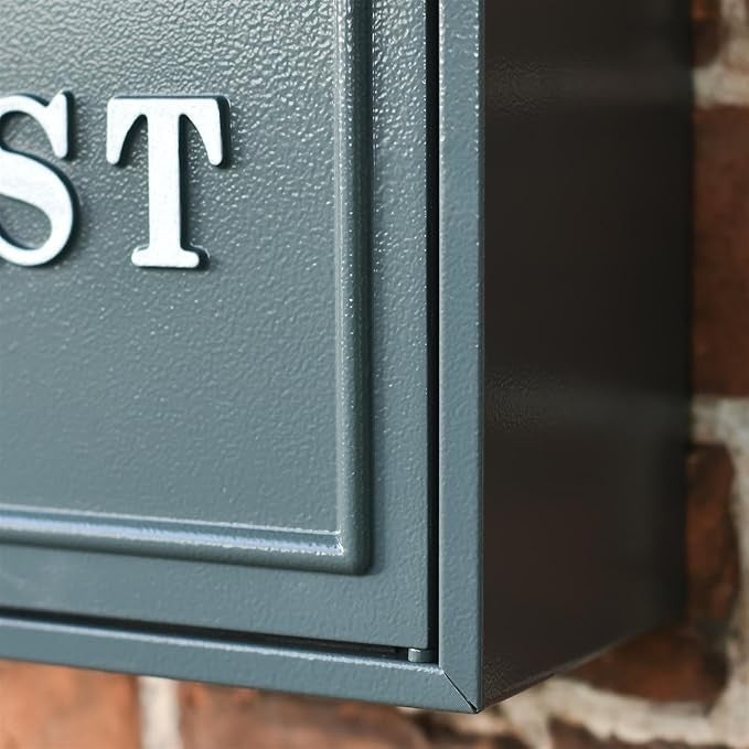 Secure Wall Mounted Post Box Grey Steel A4 Flap Lockable Outdoor Mailbox