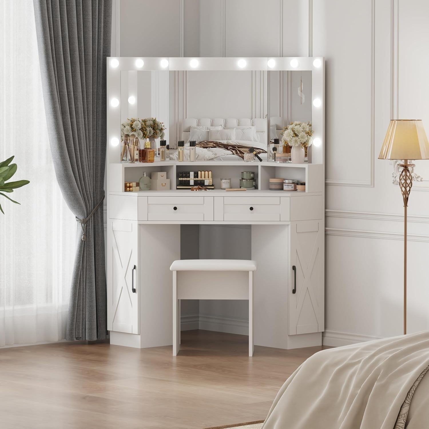 Corner Dressing Table White Makeup Vanity Desk LED Lights 3 Mirror Storage