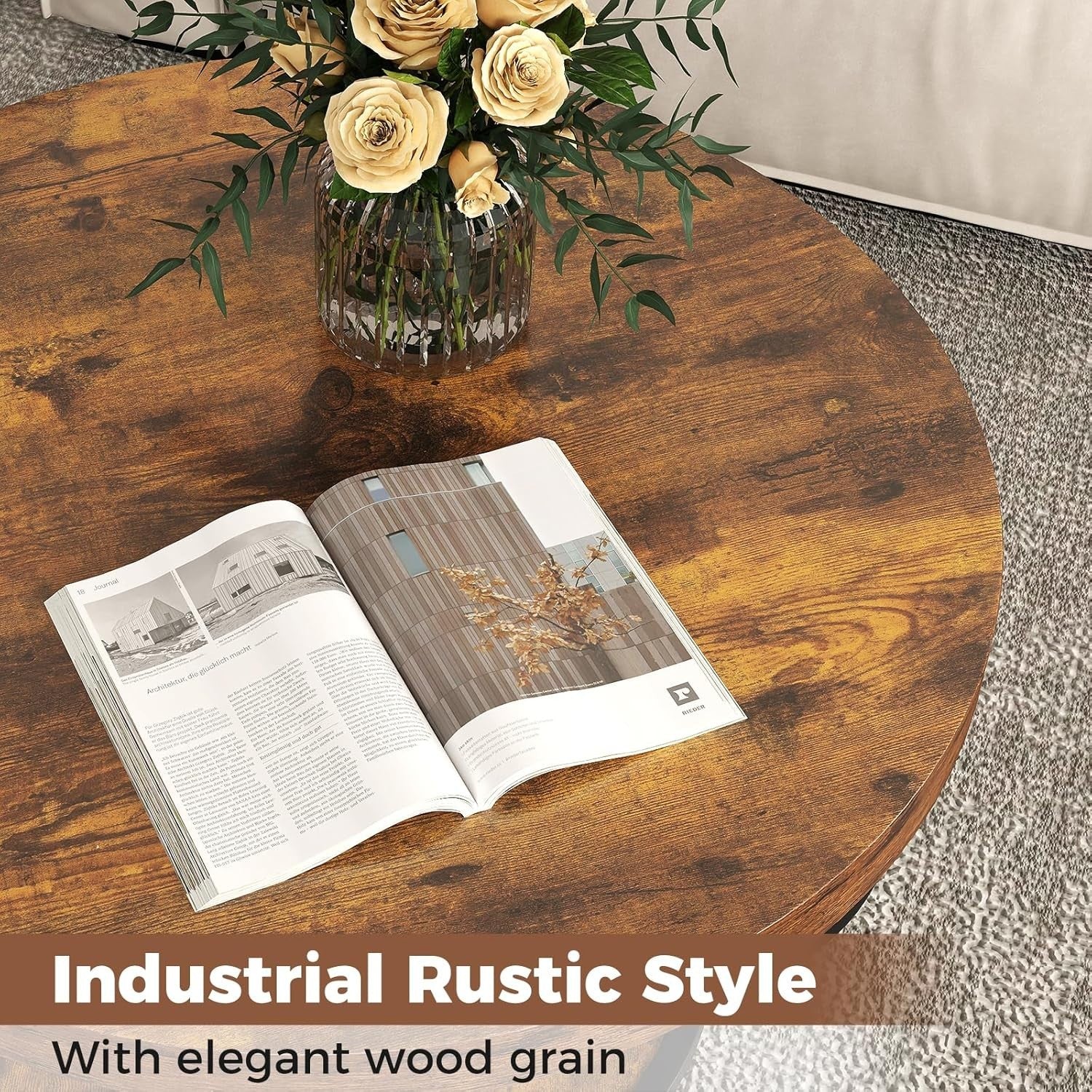 Round 2-Tier Coffee Table with Storage Shelf, Industrial Metal Frame, Rustic Bro
