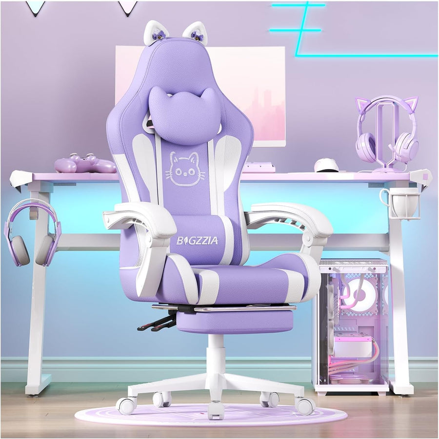 Cute Gaming Chair with Cat Ears Massage Footrest Purple