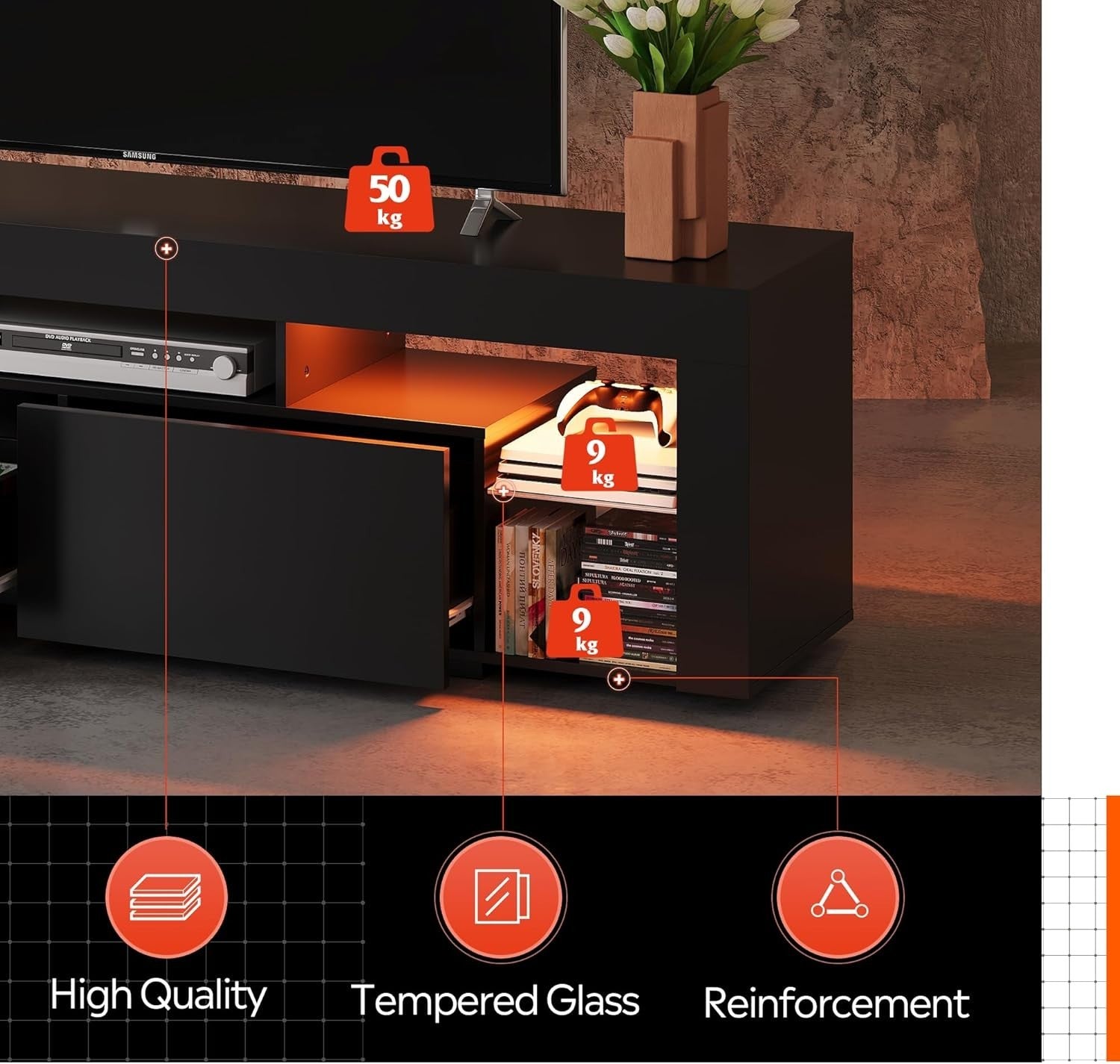 160cm White TV Unit Stand with RGB, Storage Drawers & Shelves, 75" Fit - Black