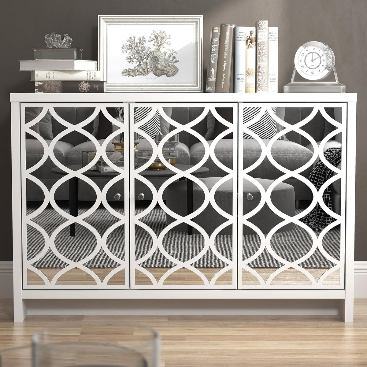 3 Door Mirror Sideboard Cabinet White Storage Unit for Living Room Hall