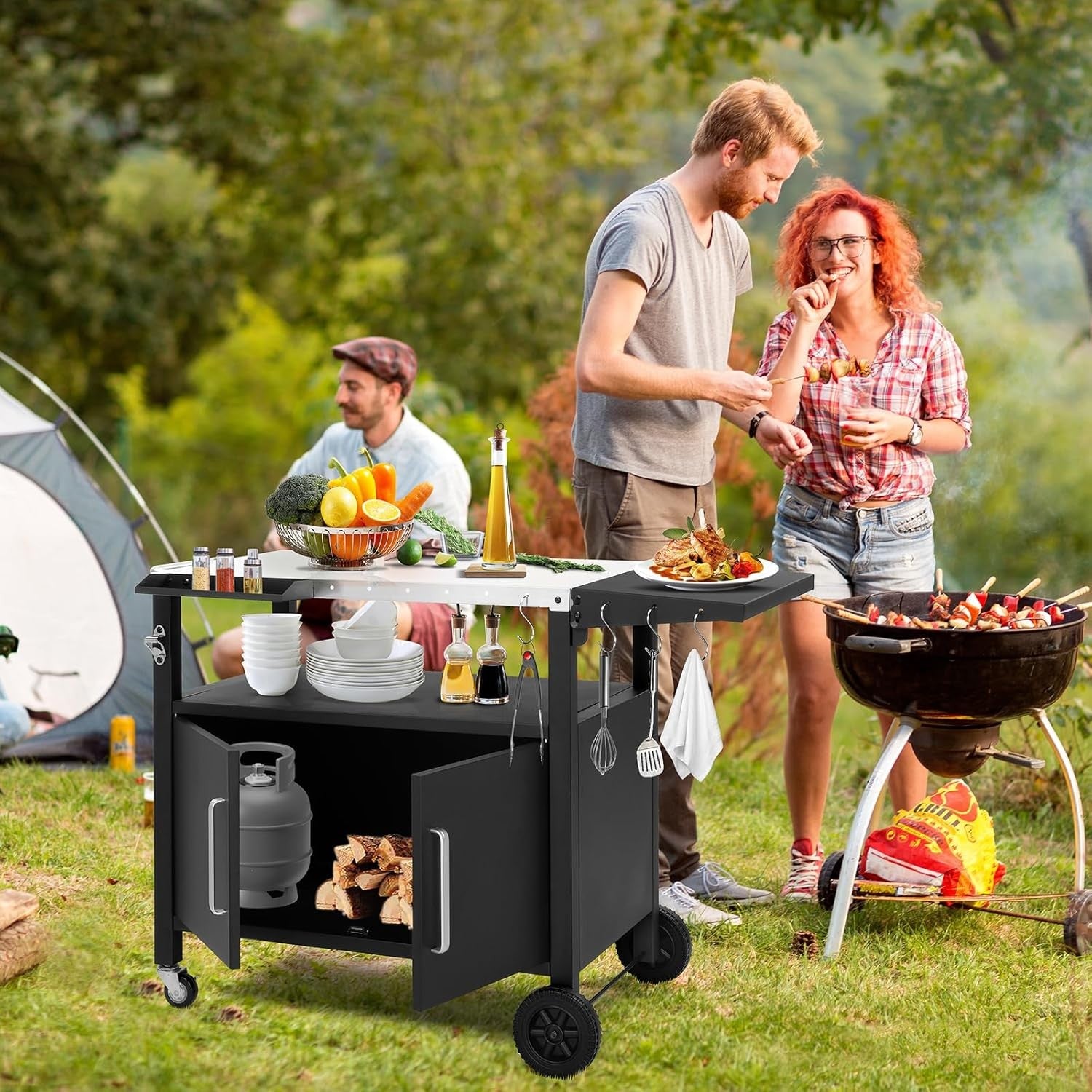 Outdoor Grill Cart BBQ Trolley Stainless Steel Top Cabinet Wheels Prep Table
