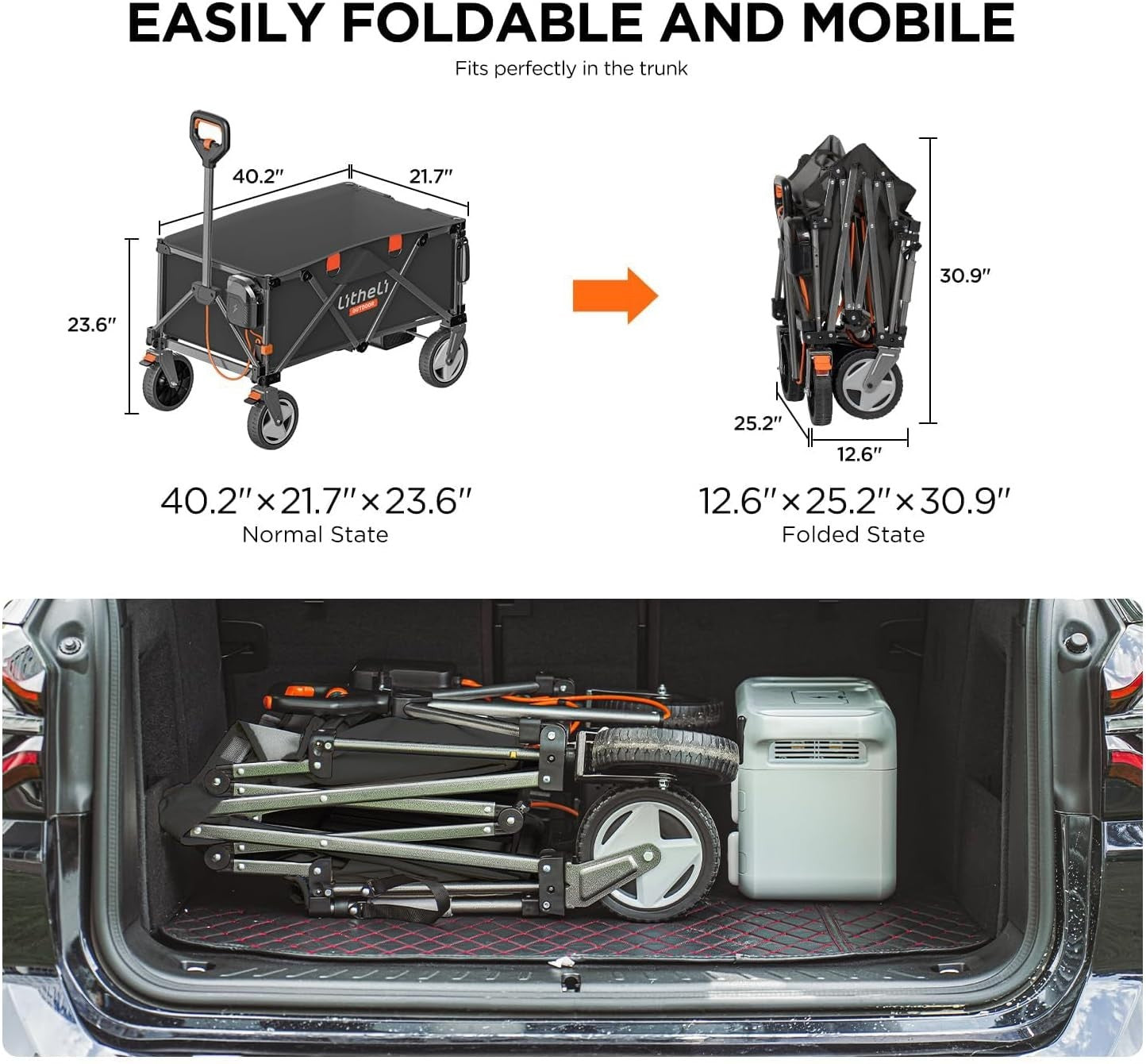 Electric Canopy Folding Wagon 200L 60kg Off-Road Festival Trolley Cart Black