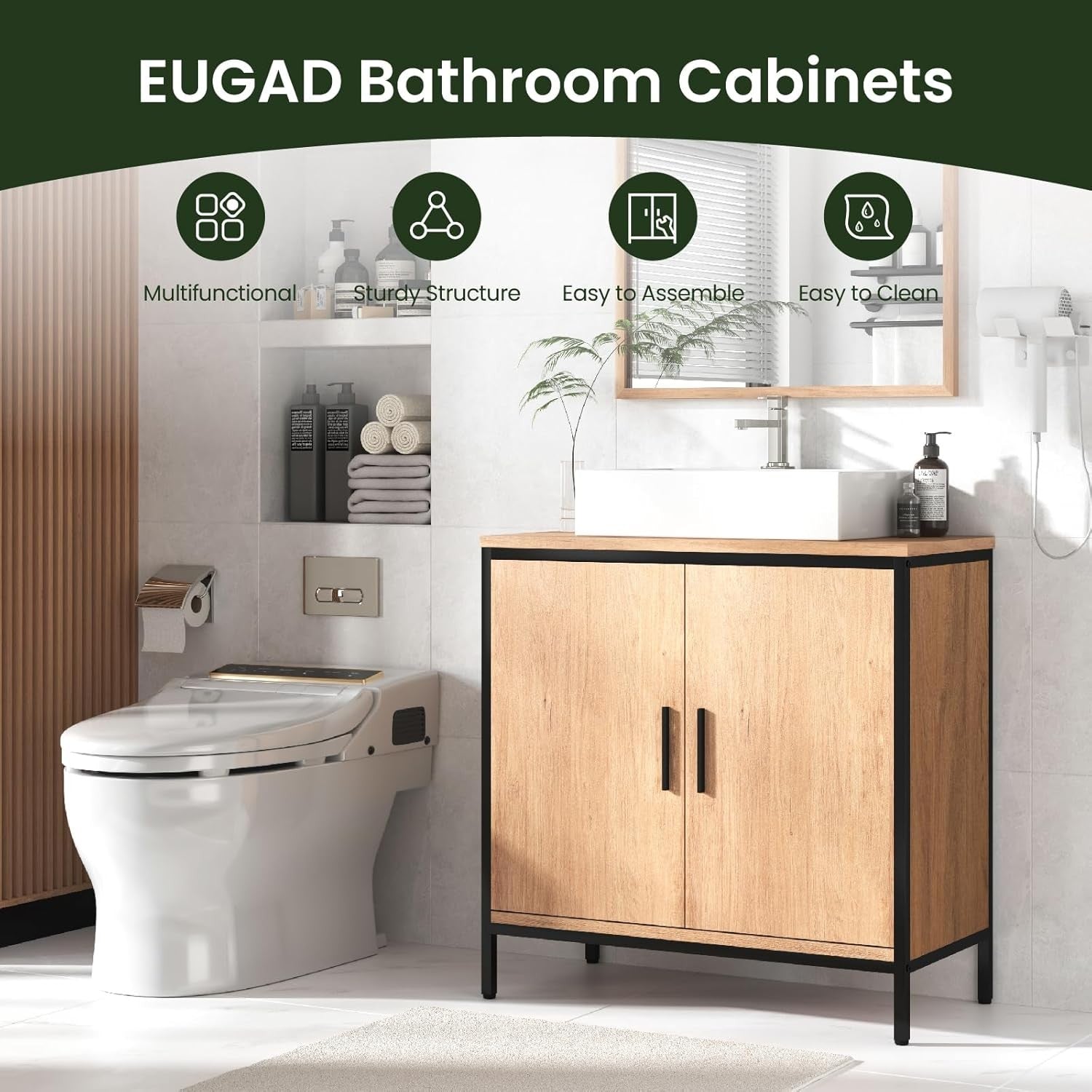 Wood Effect Under Sink Bathroom Cabinet 2 Door Vanity Storage Unit 60x30x60cm