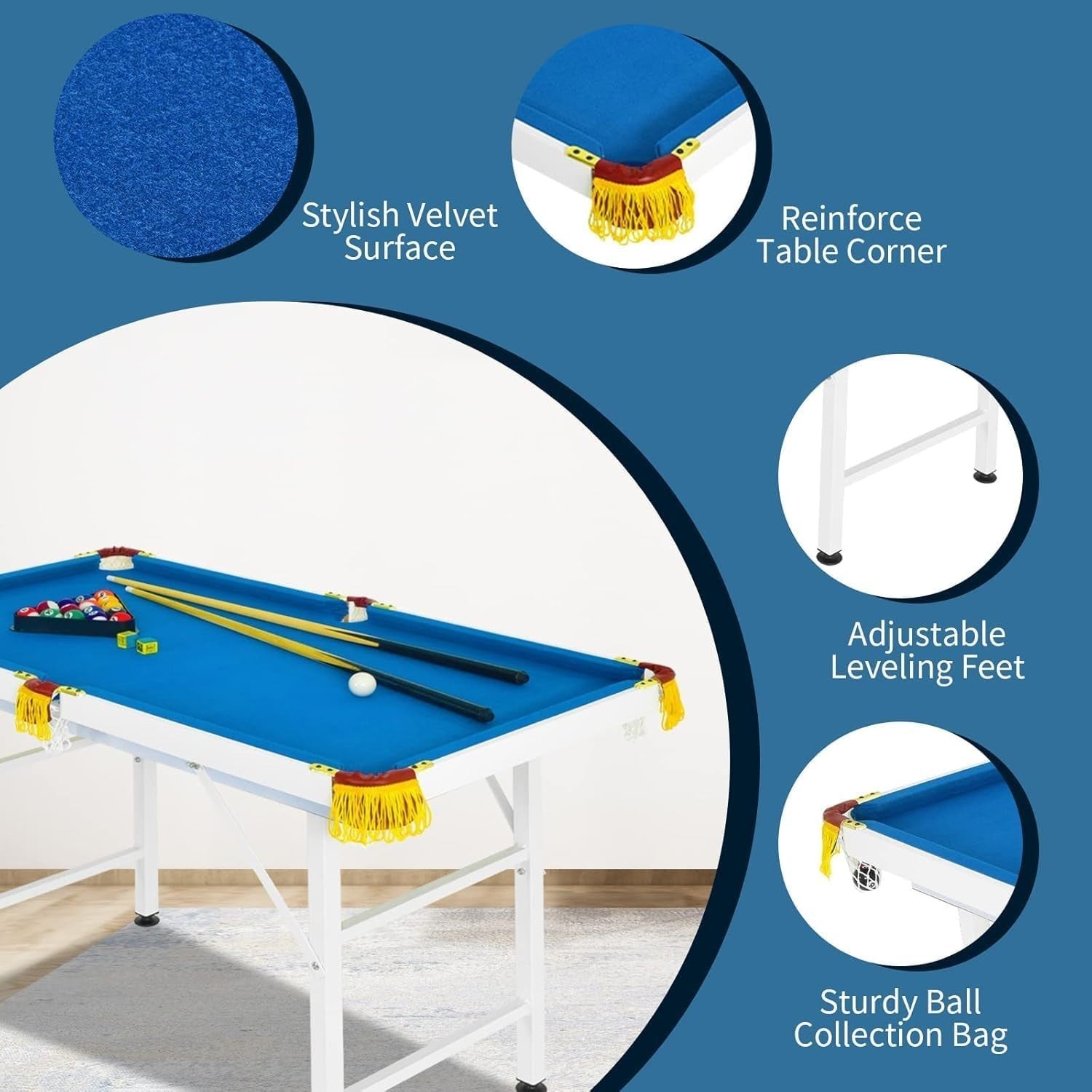 4FT Foldaway Pool Game Table Portable Family Billiards Set Blue
