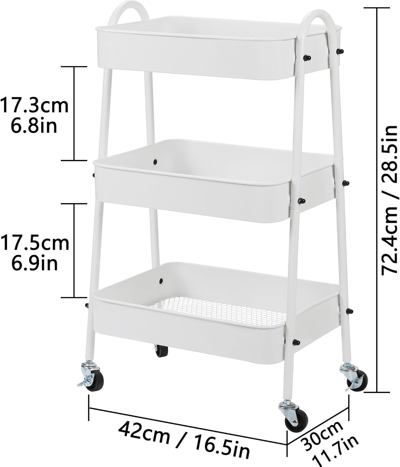 3 Tier Storage Trolley on Wheels Slim Rolling Metal Cart Lockable Castors