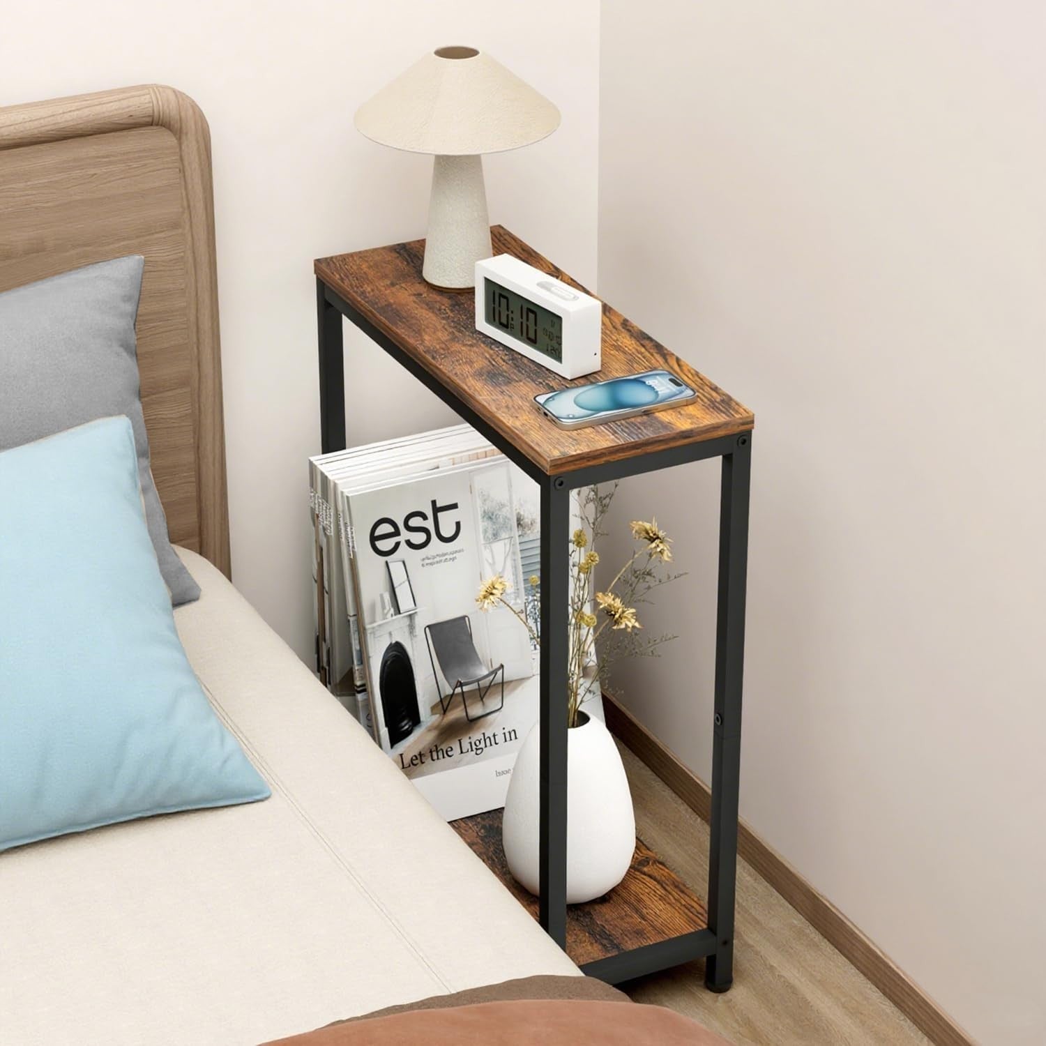Slim 2-Tier Side Table Narrow End Table for Small Spaces with Wood Shelves