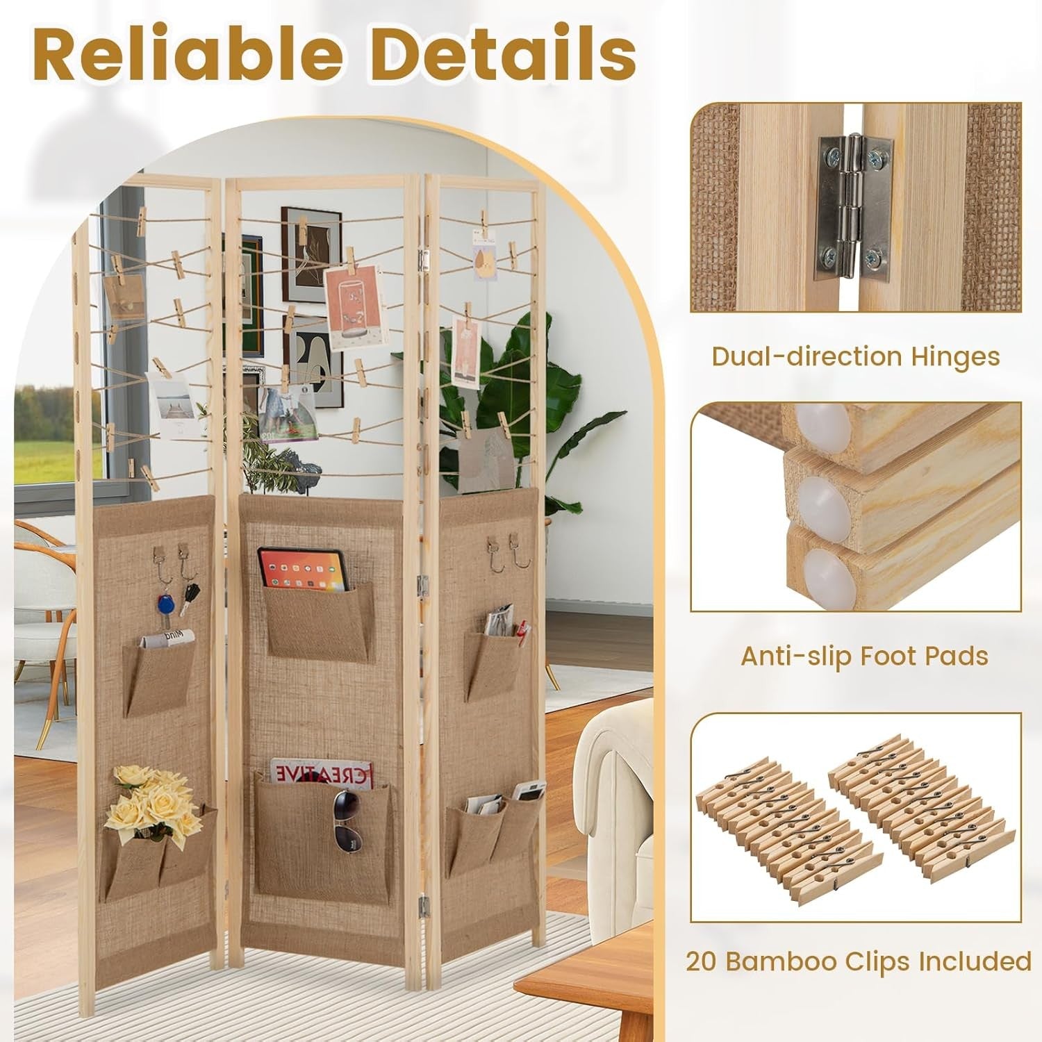 3 Panel Fabric Folding Room Divider with Hooks & Storage Pockets 120x170cm