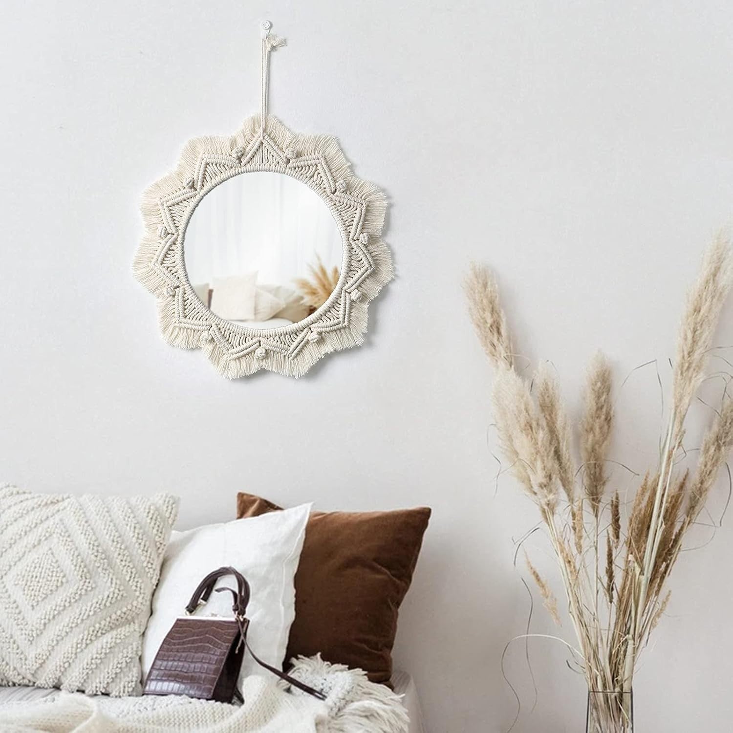Beige Boho Macrame Wall Mirror 15" Round Decorative Art