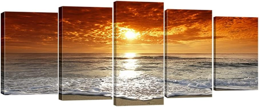 5 Panel Sunset Beach Canvas Wall Art Framed Ocean Seascape Print