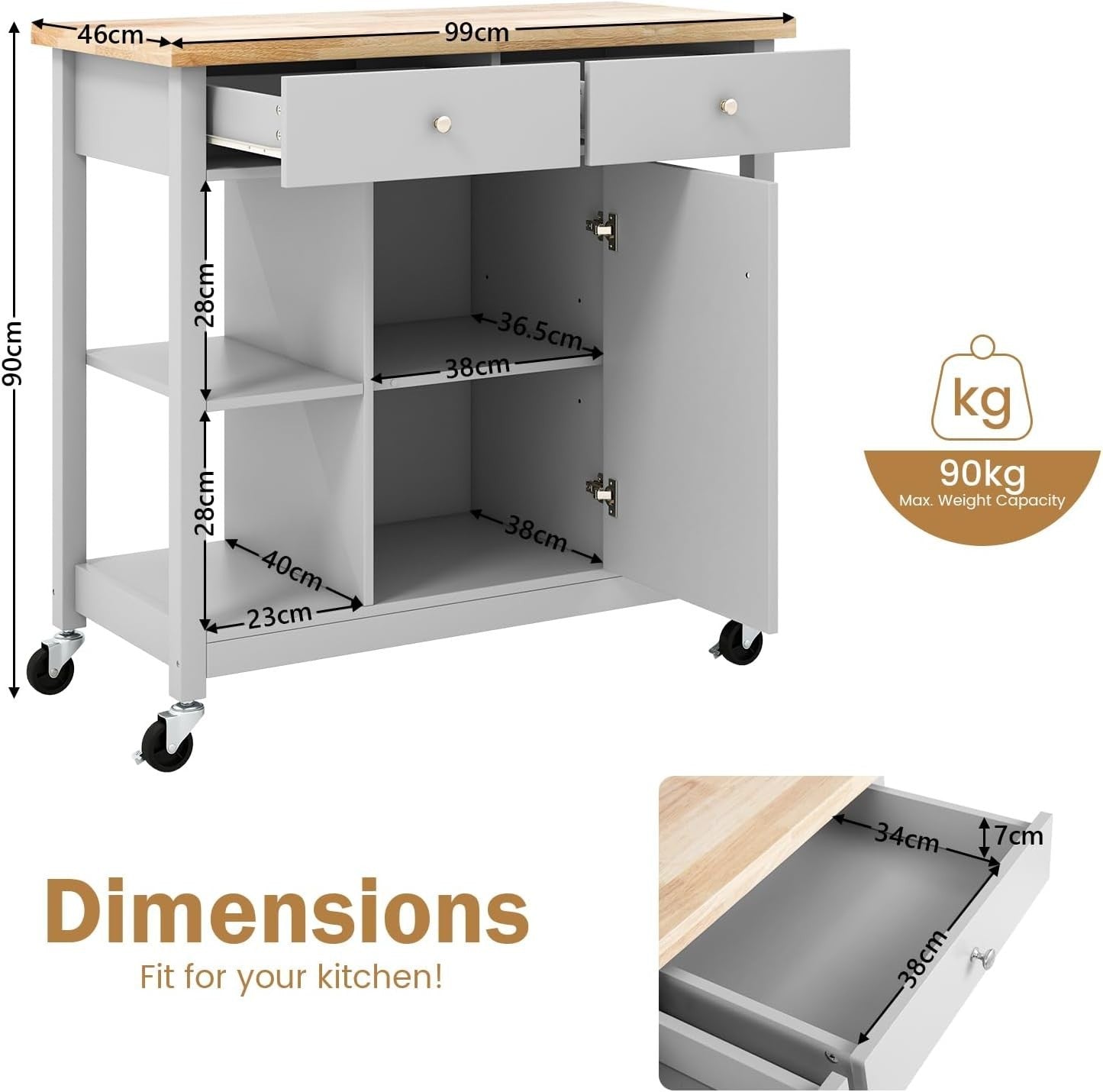 Kitchen Island Trolley with Drawers & Adjustable Shelf Grey 99x46x90cm