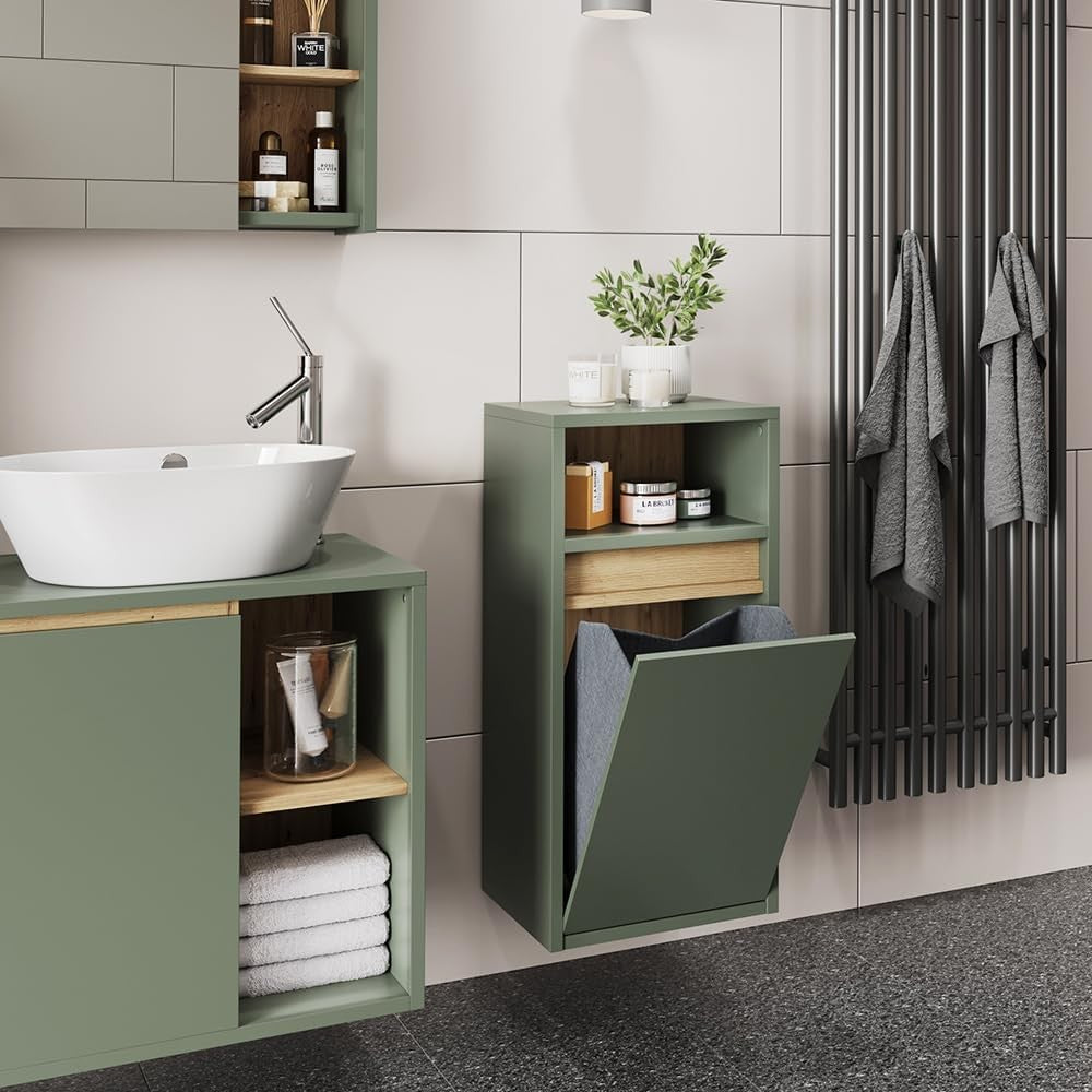 Bathroom Laundry Cabinet with Basket Slim Storage Unit Green Modern Cupboard