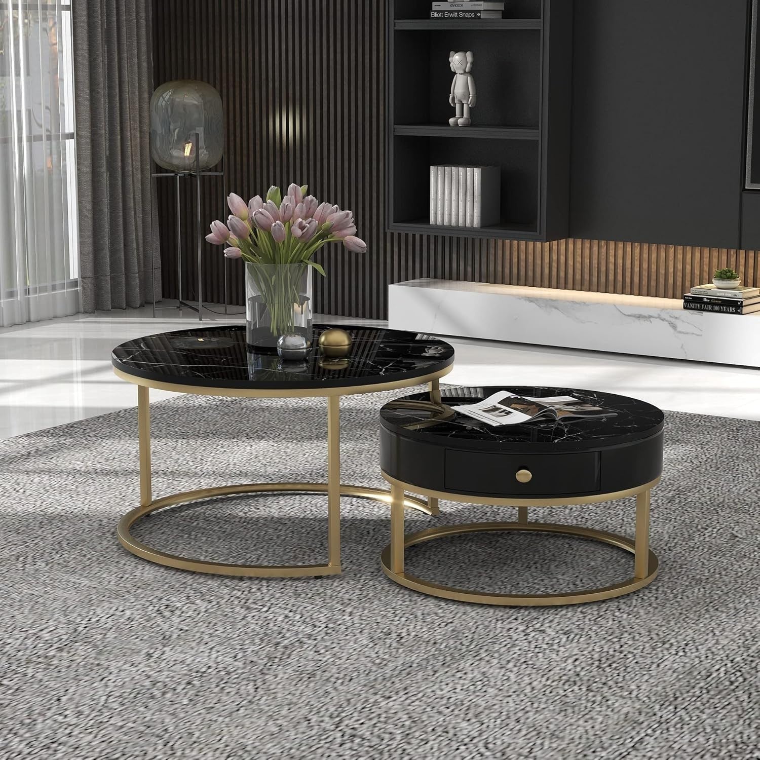 Nest Coffee Table Set 2pc Modern Round Black Marble Metal Adjustable Storage
