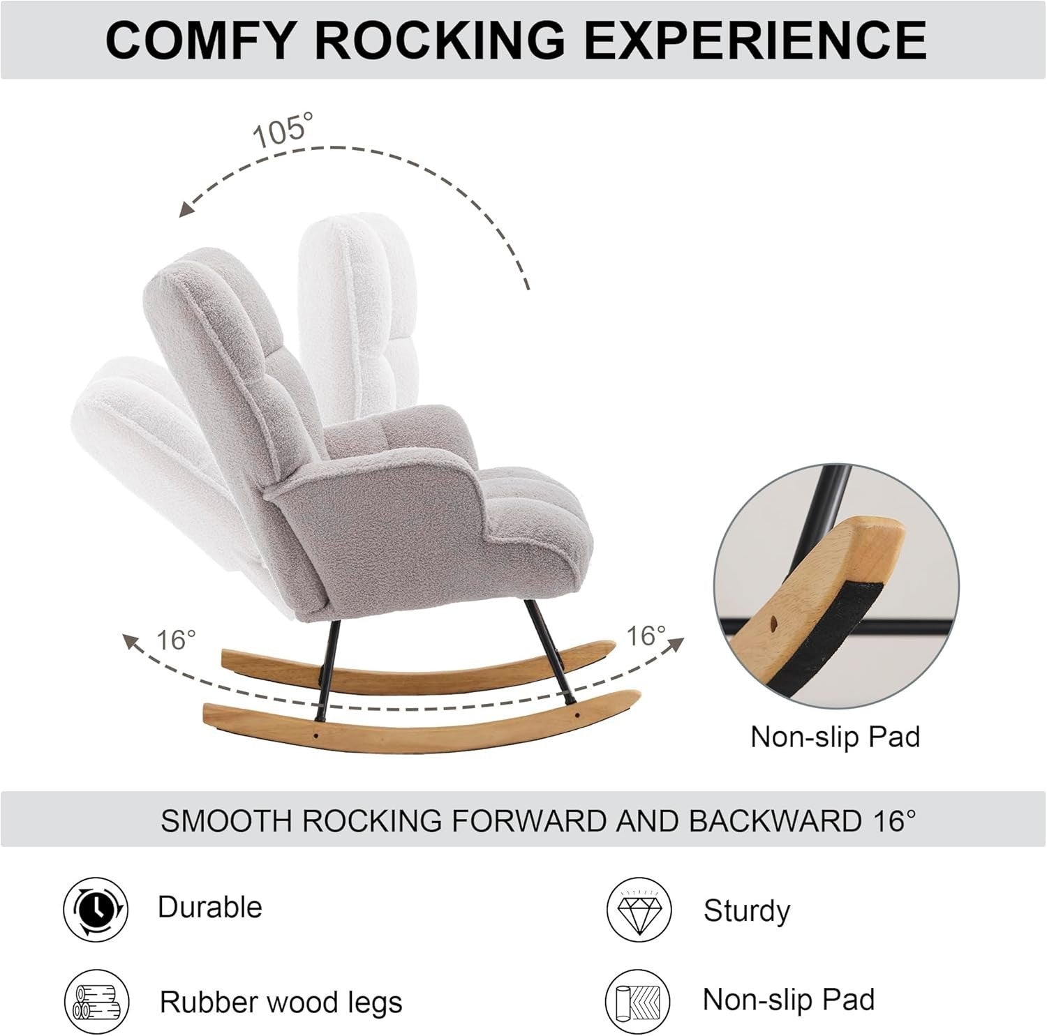 Rocking Chair Nursery Glider Comfy Armchair High Back Padded Seat Grey Teddy