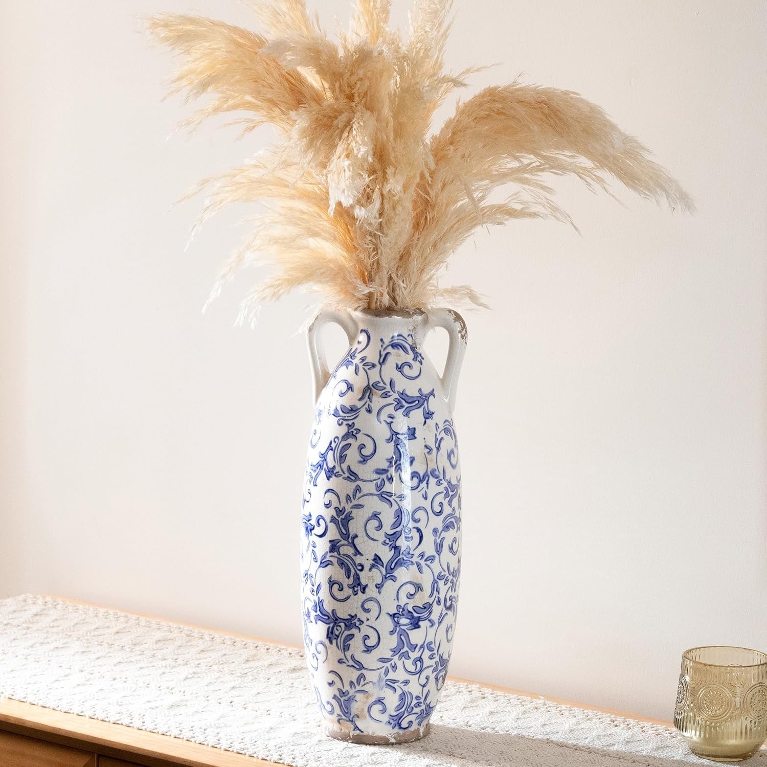 Tall Blue White Ceramic Floor Vase for Pampas Grass Farmhouse Decor 14"