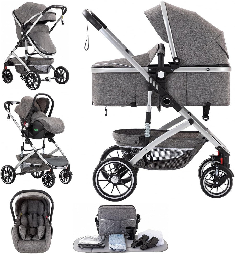3 in 1 High Landscape Baby Travel System Pram Pushchair 22kg Grey