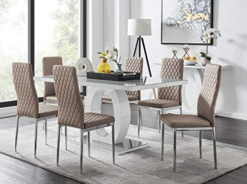 Modern 6-Seater Grey Glass Dining Table & Cappuccino Chairs Set 160x90x76cm