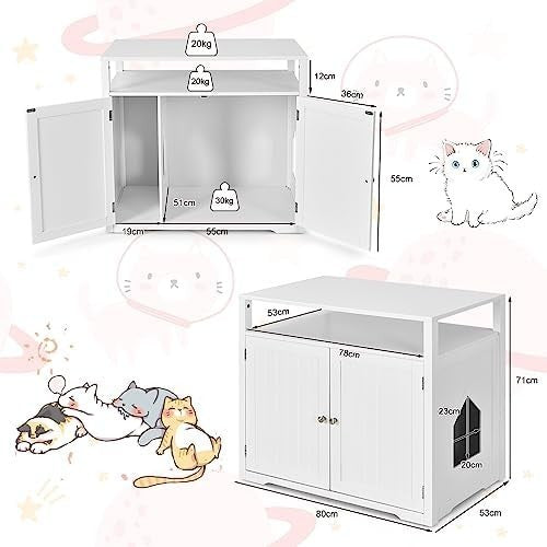 Modern Cat Litter Box Enclosure with 2 Holes, Doors & Side Table