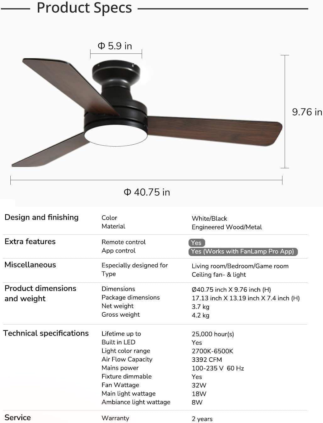 Orison 42"" Ceiling Fan with Lights, RGB Backlight, 6 Speeds, App & Remote