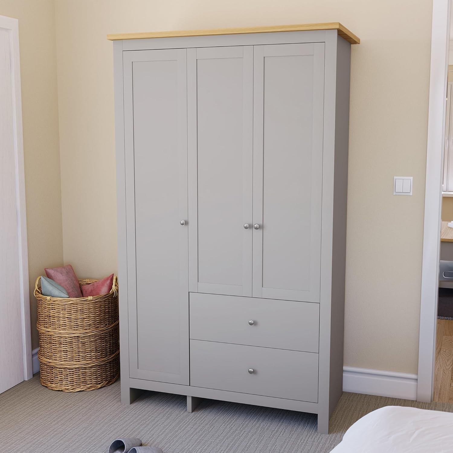 3 Door Grey Wardrobe with Drawers & Clothes Rail - Bedroom Storage Unit