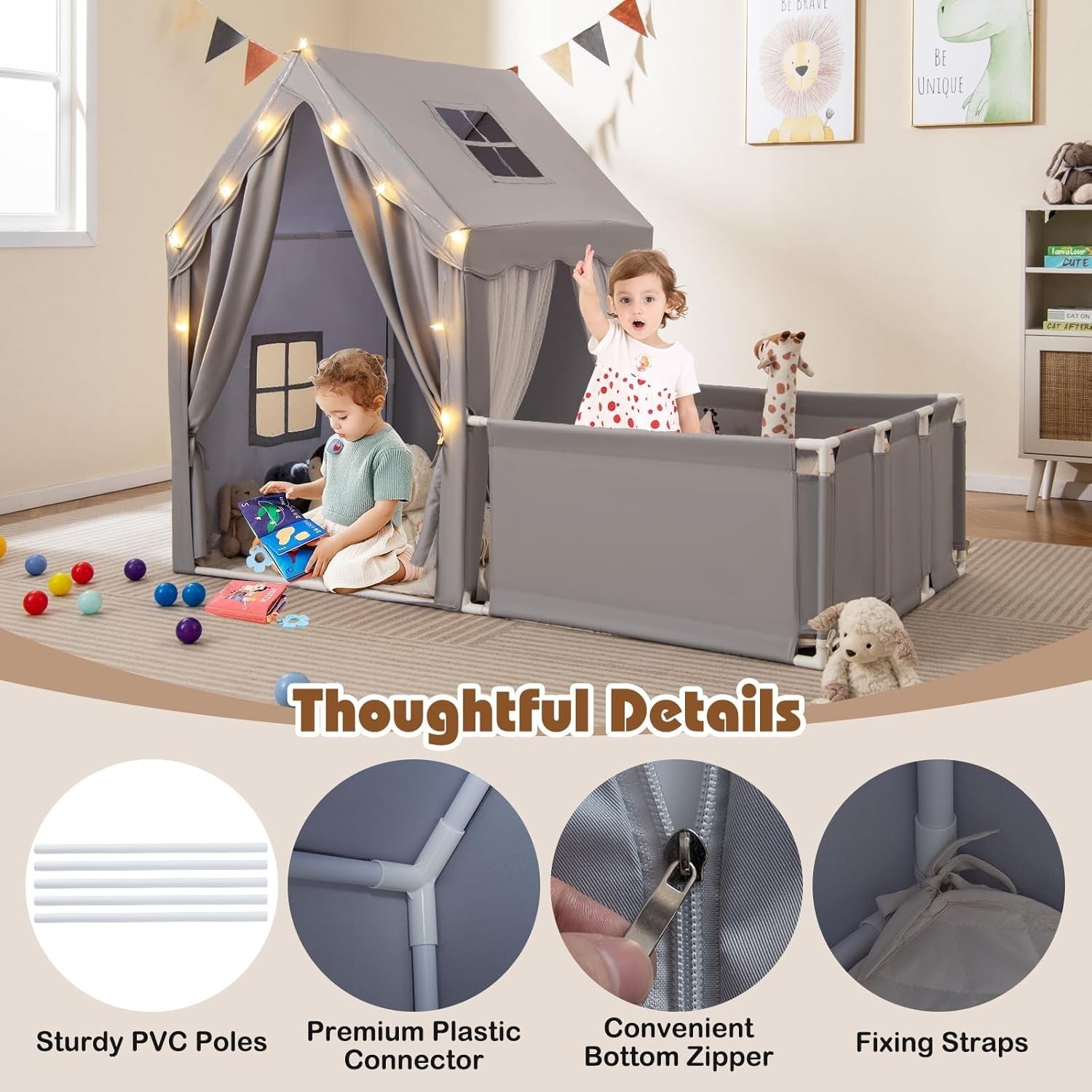 Kids Play Tent Grey Castle with Lights Mat Indoor Toddler Playhouse