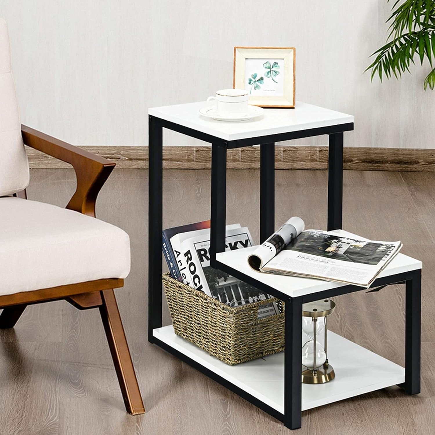 Modern 3-Tier Ladder Side Table with Storage Shelf – Slim Metal Frame Bedside Un
