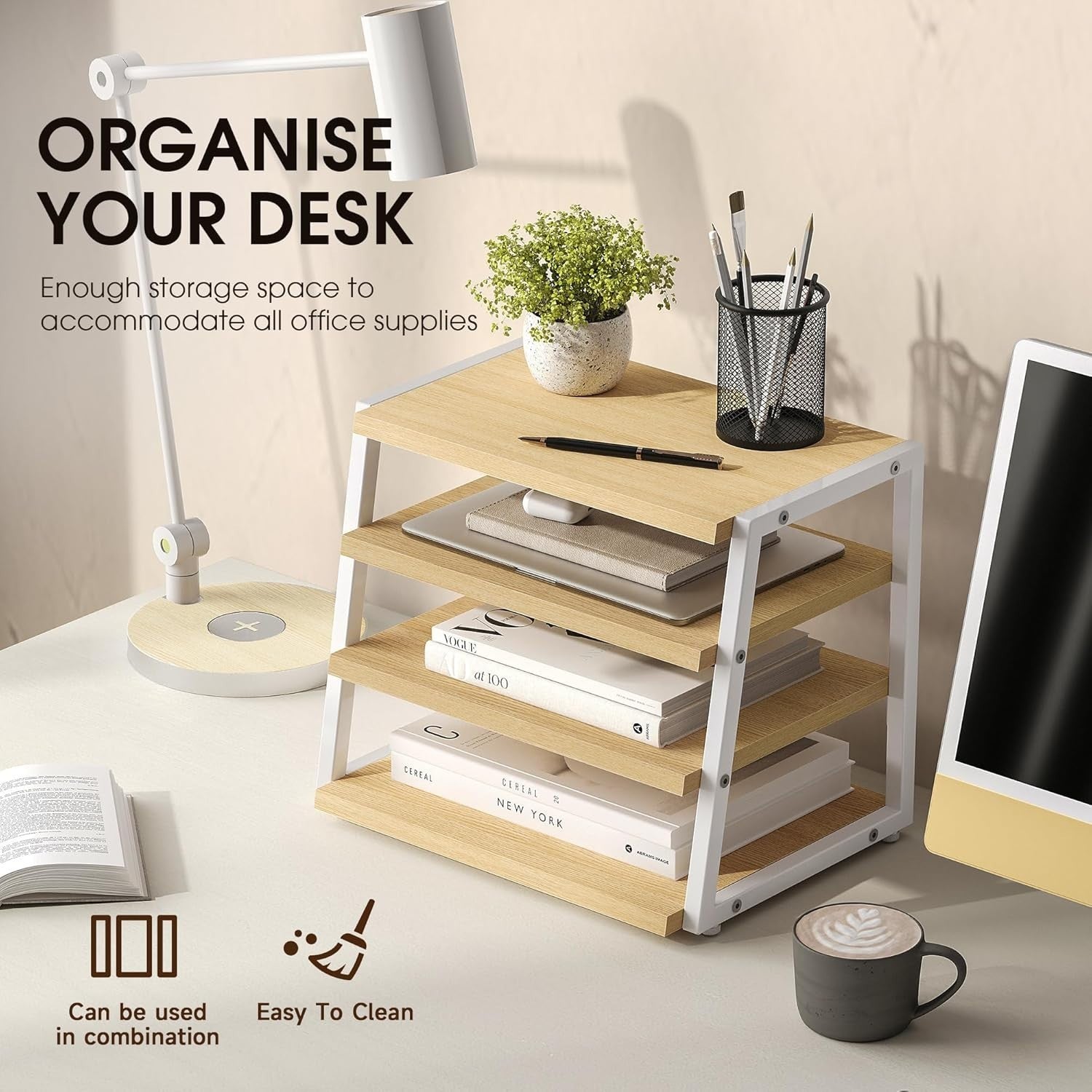 4 Tier Desk File Organizer Shelf A4 Paper Tray Wood Metal Office Rack