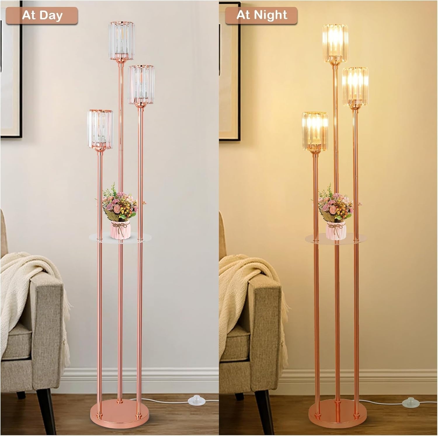 3-Light Rose Gold Floor Lamp with Glass Shades & Shelves | Modern Standing Light