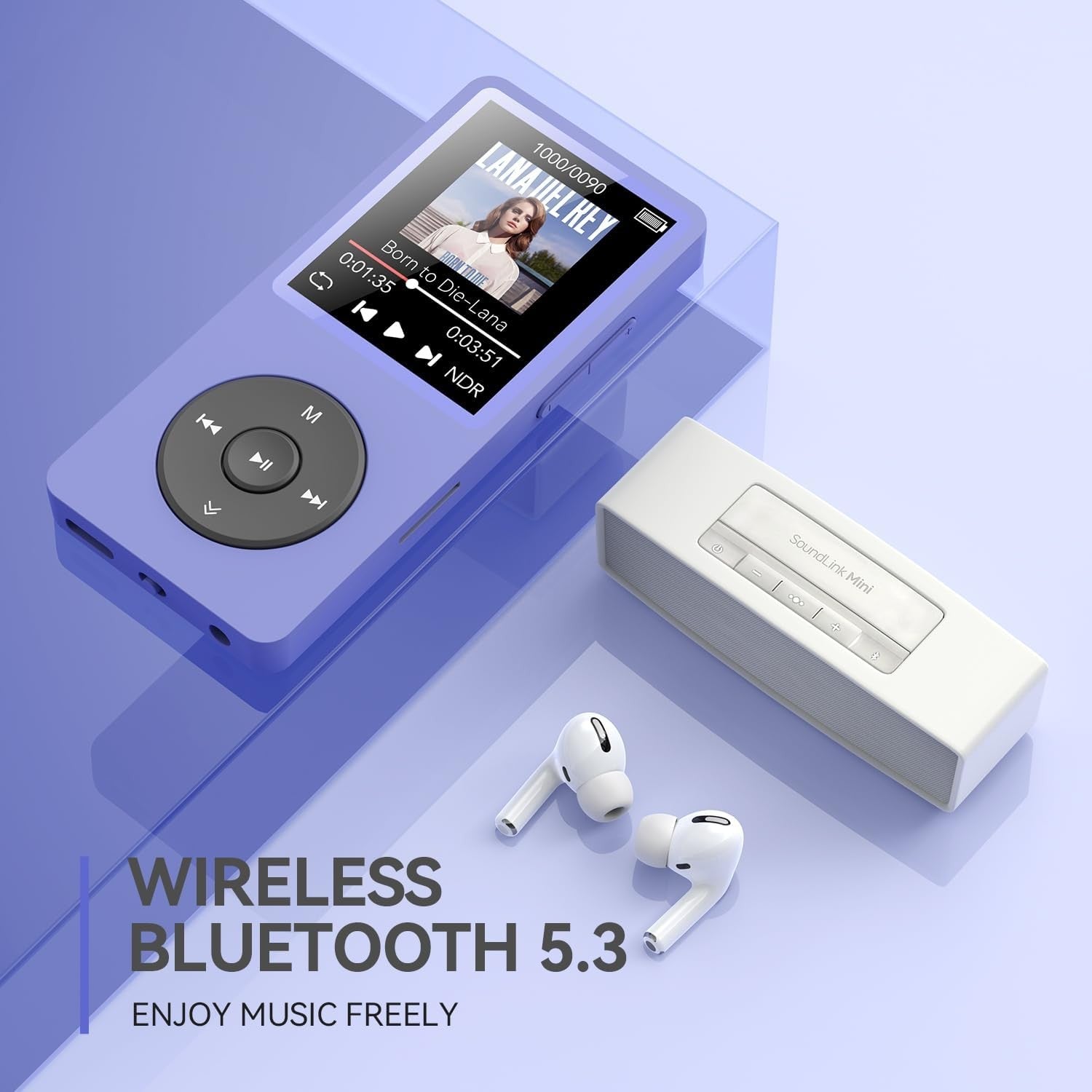 64GB Bluetooth 5.3 MP3 Player Purple 1.8" Screen FM Recorder Speaker