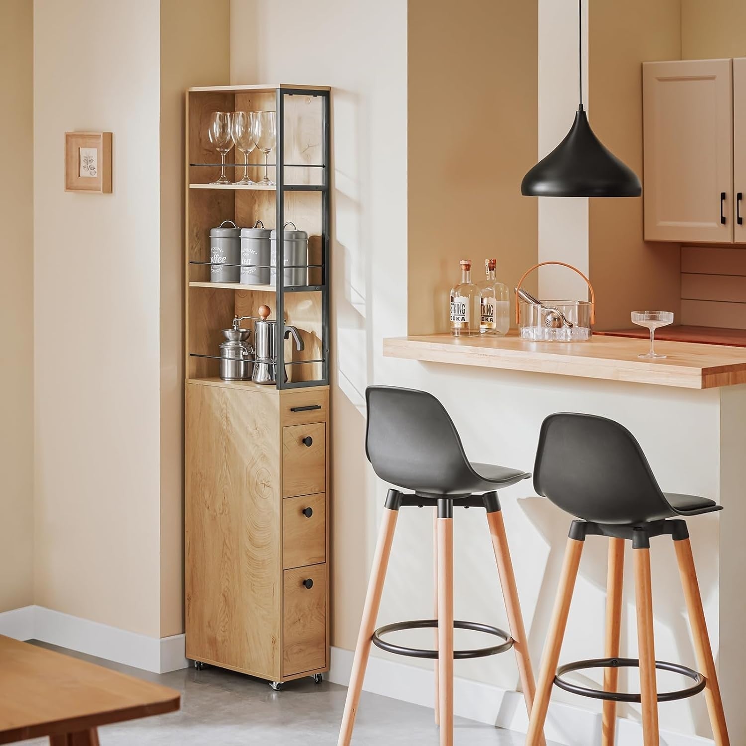 Slim Tall Kitchen Trolley, 3 Drawers & Shelves, Mobile Storage W20xD40xH170cm