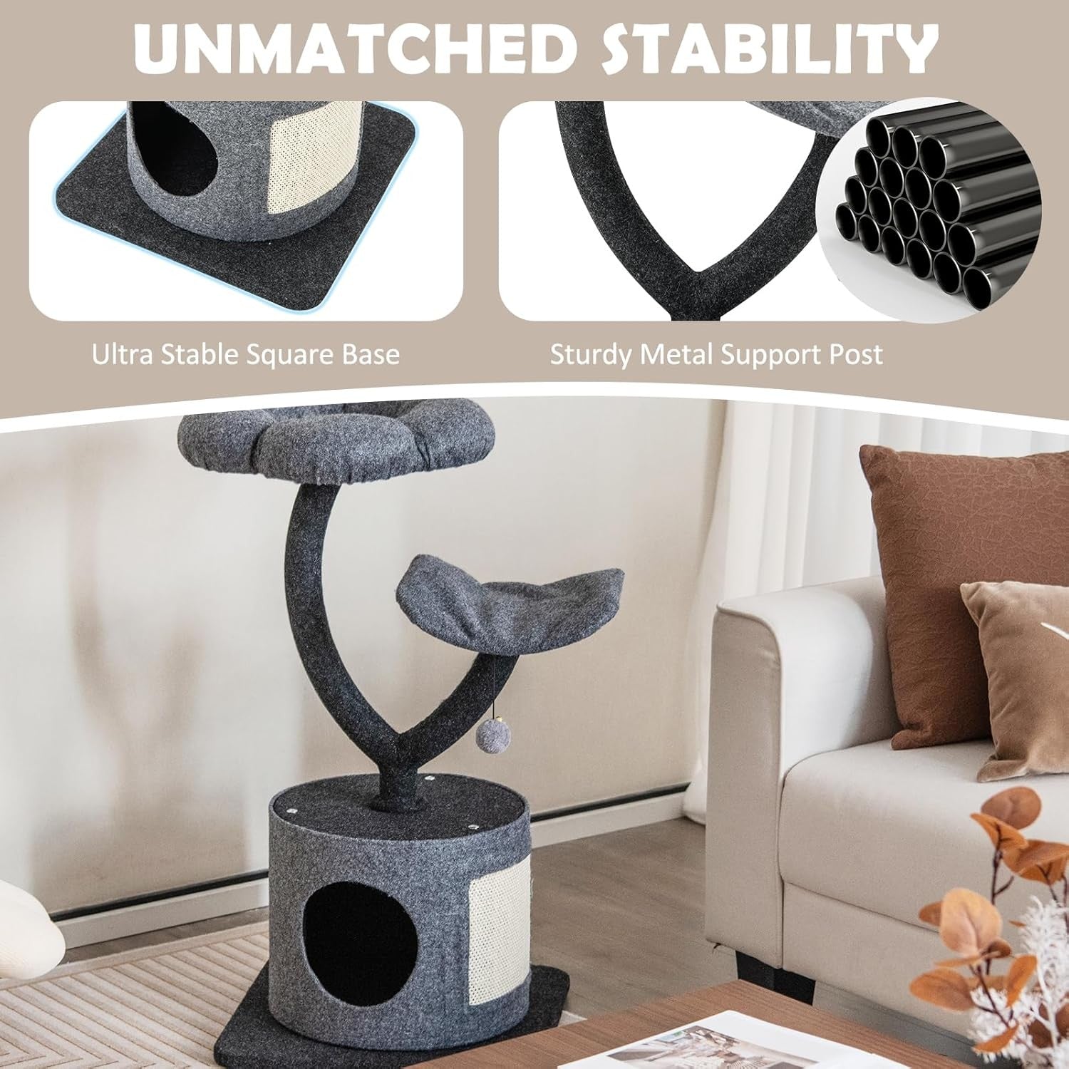 3 Tier Cat Tree Tower Grey Condo Scratching Post Top Perch Indoor Cats