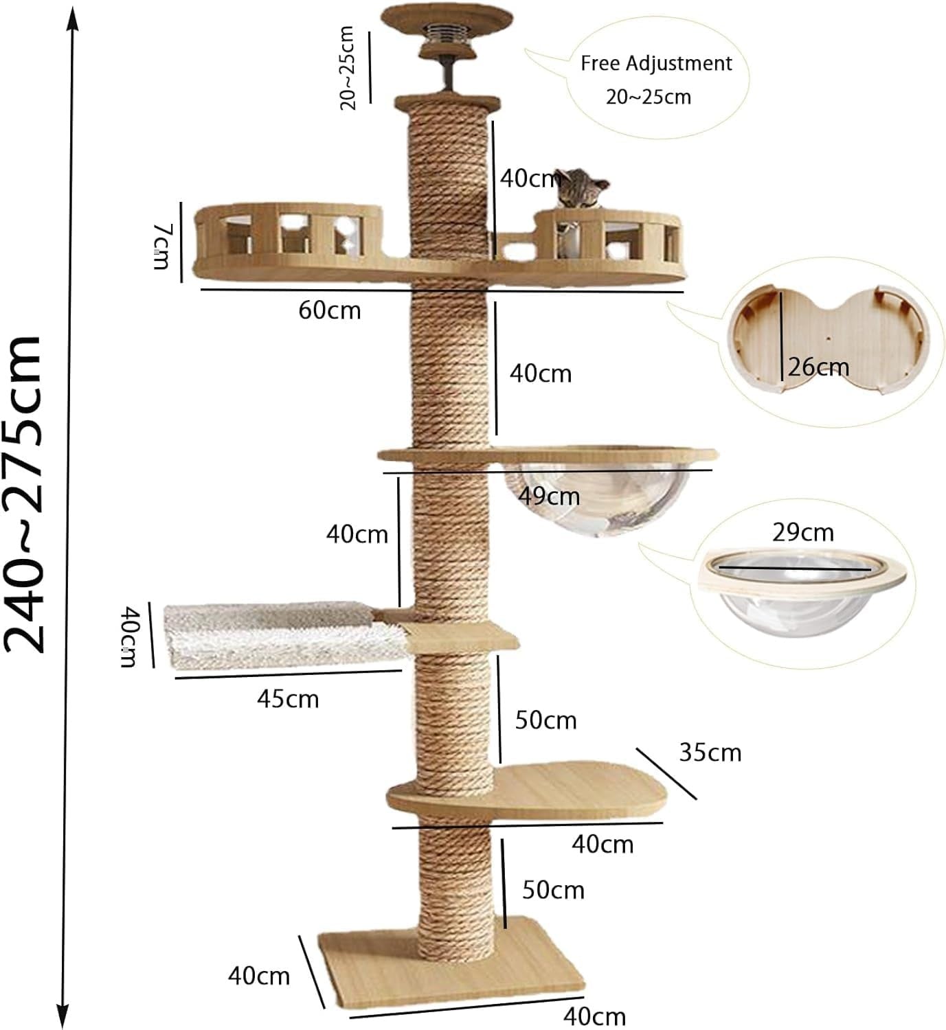 Floor to Ceiling Cat Tree Tower Adjustable Height Scratching Post Hammock