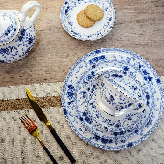 12pc Bone China Dinnerware Set Blue White Plates Bowls Service for 4
