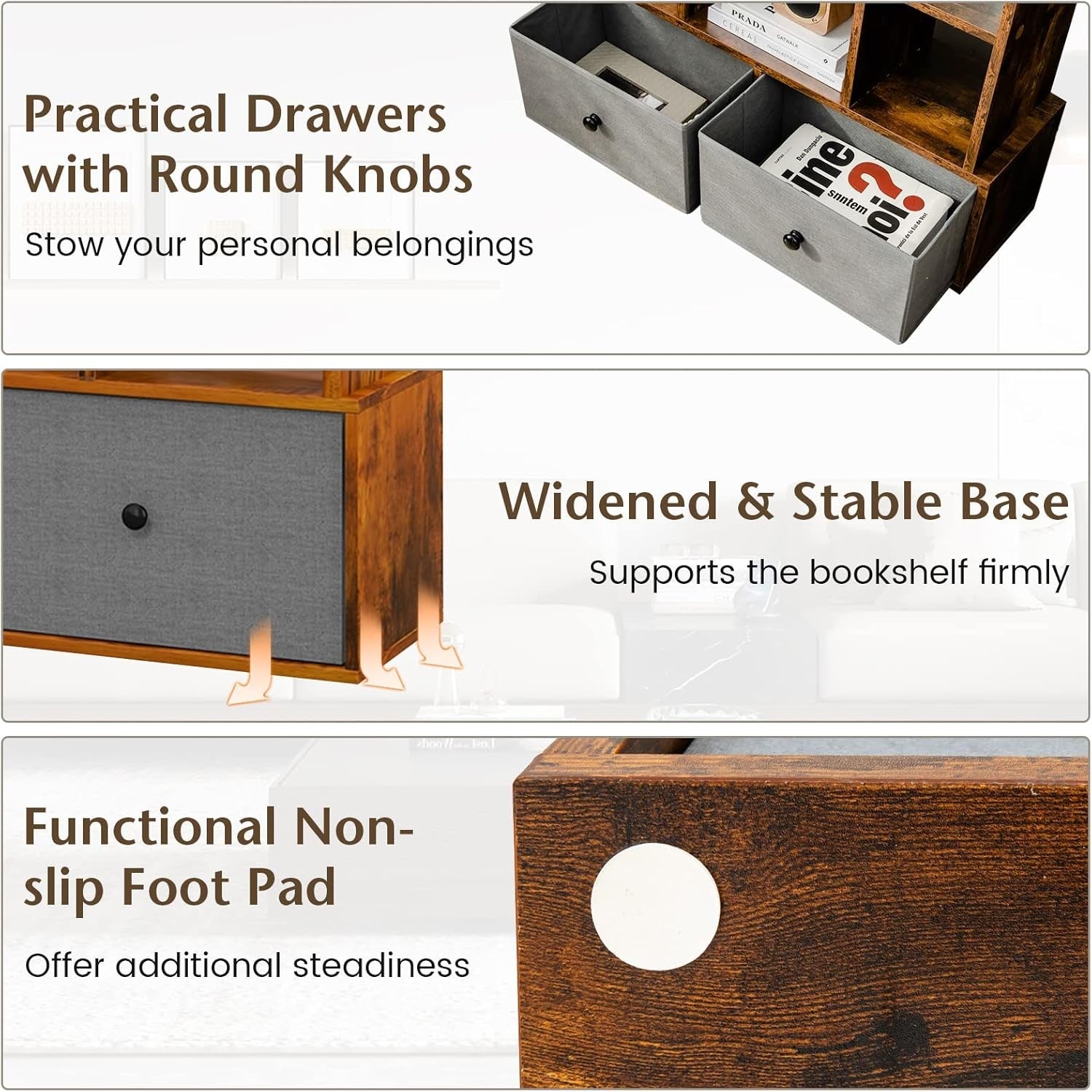 Rustic Brown Tree-Shaped Tall Bookcase 12 Cube Storage Shelf with 2 Drawers