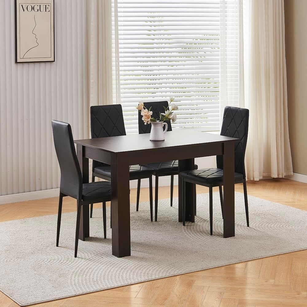 Modern 5 Piece Dining Table Set with 4 Black Leather Chairs for Kitchen