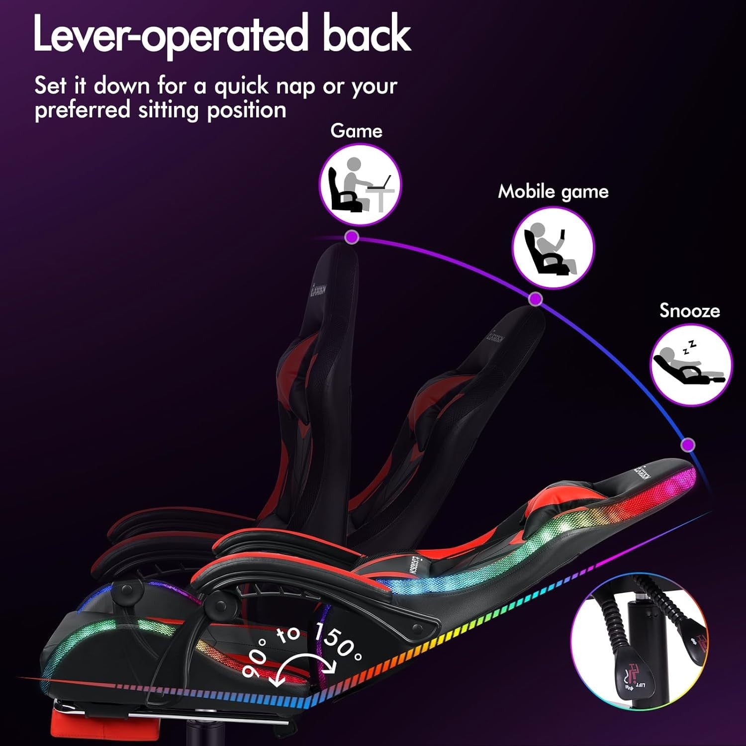 Red LED Gaming Chair RGB 8-Point Massage Recliner w/ Footrest