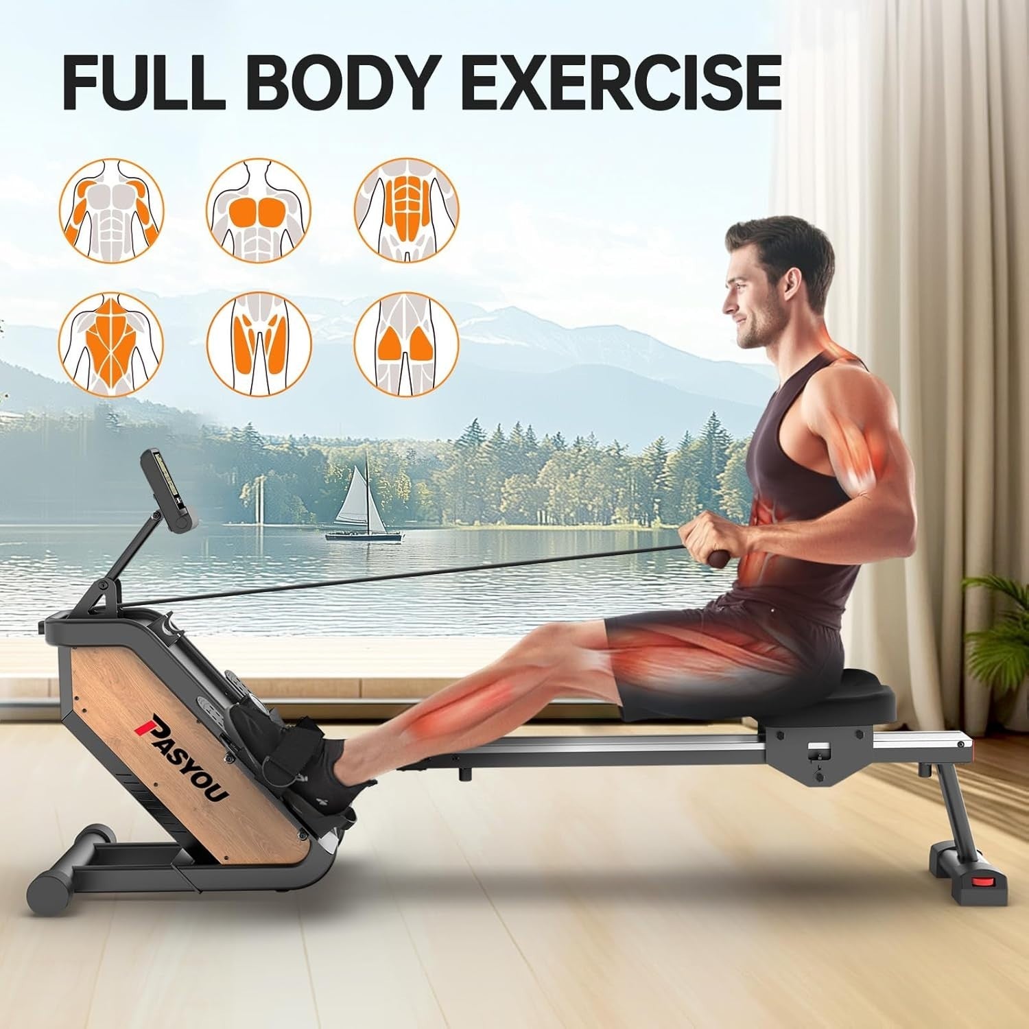 Magnetic Rowing Machine Quiet Resistance LCD App Home Rower 158KG Capacity