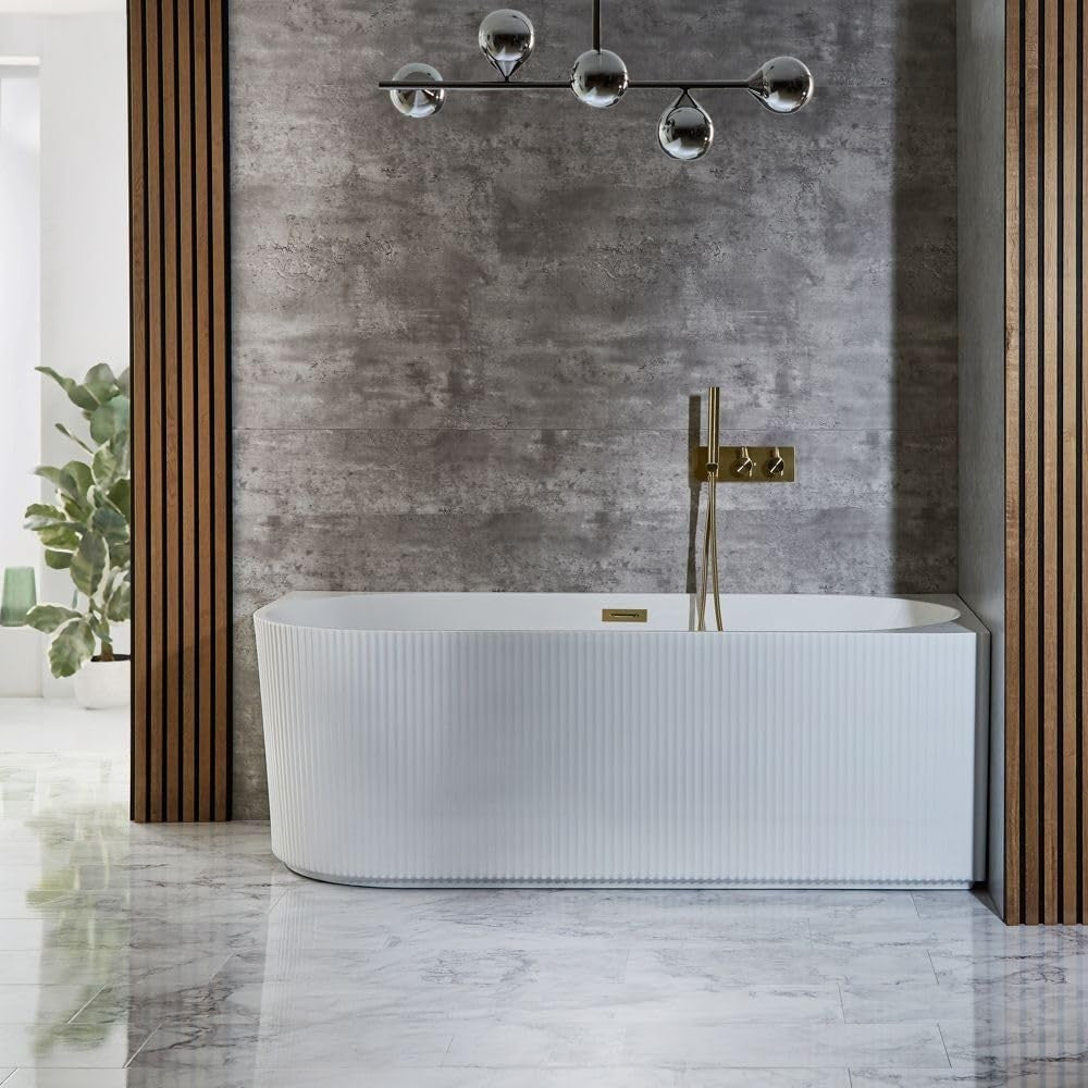 White Right Hand Fluted Corner Bath 1700x800mm Brass Overflow
