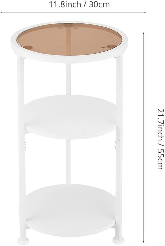 Modern White Round Side Table with Tempered Glass & 3-Tier Storage Shelf